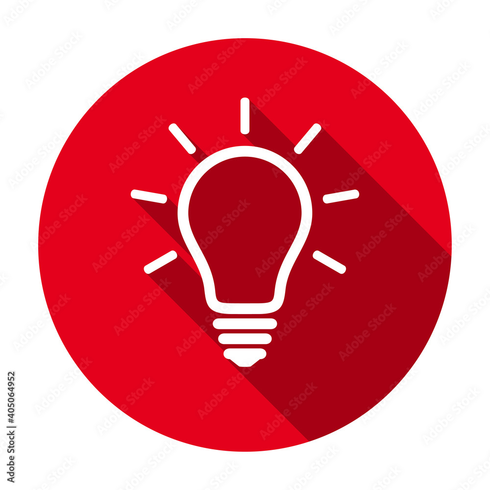 Poster red flat round glowing light bulb line icon, button with long shadow isolated on a white background.