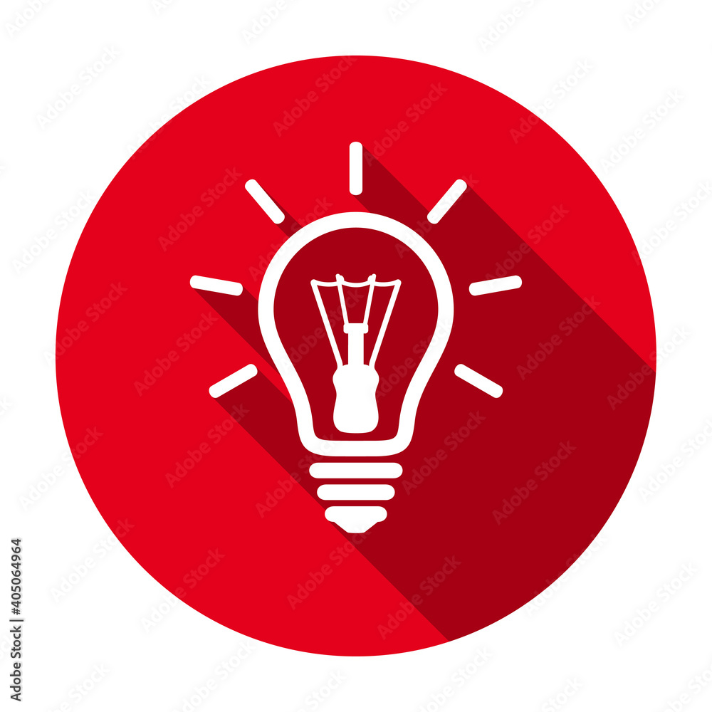 Poster red flat round glowing light bulb line icon, button with long shadow isolated on a white background.