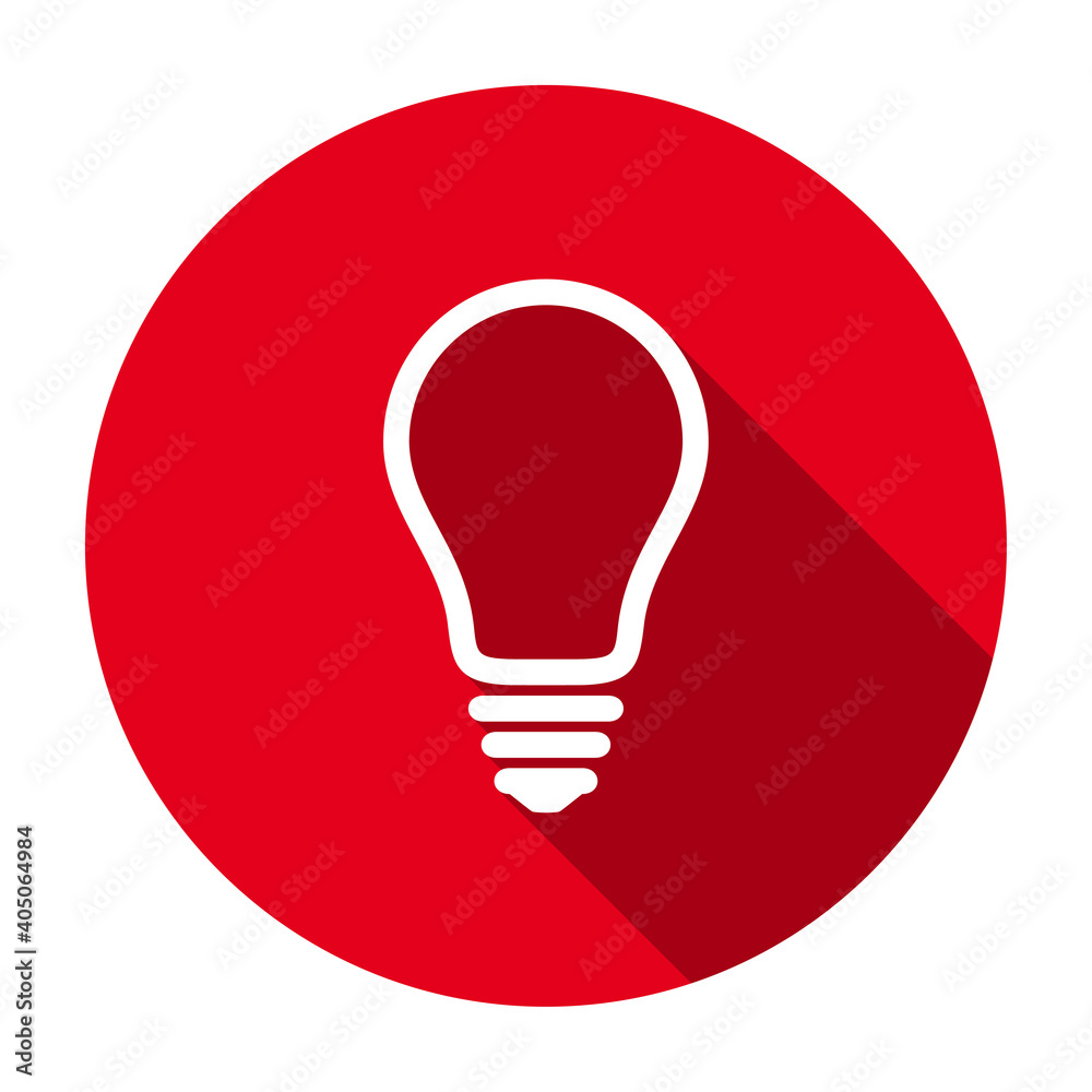 Poster Red flat round light bulb line icon, button with long shadow isolated on a white background. Vector illustration.