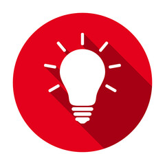 Red flat round glowing light bulb icon, button with long shadow isolated on a white background. Vector illustration.