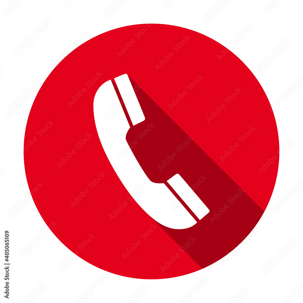 Poster red flat round telephone receiver icon, button with long shadow isolated on a white background. vect
