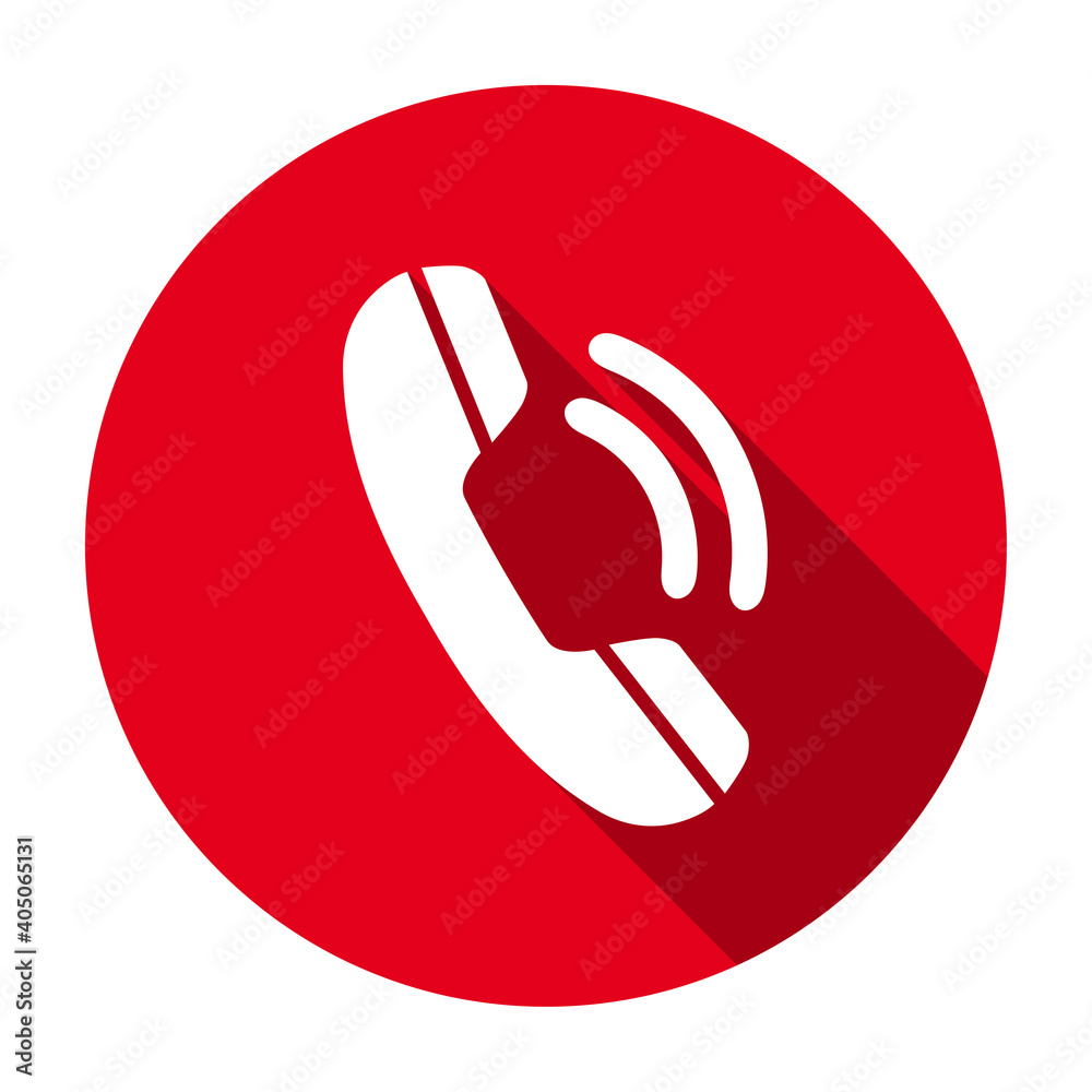 Poster red flat round conference phone icon, button with long shadow isolated on a white background. vector