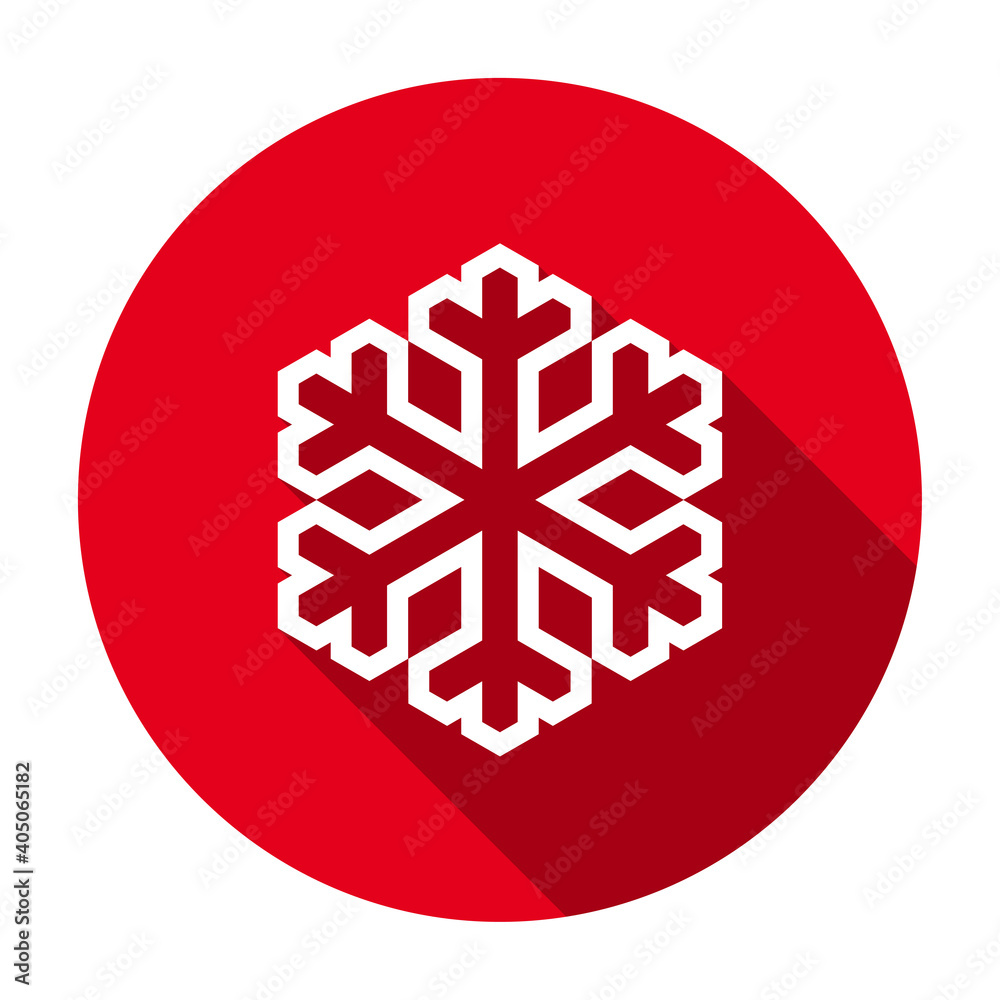 Poster Red flat round snowflake outline icon, button with long shadow isolated on a white background. Vector illustration.