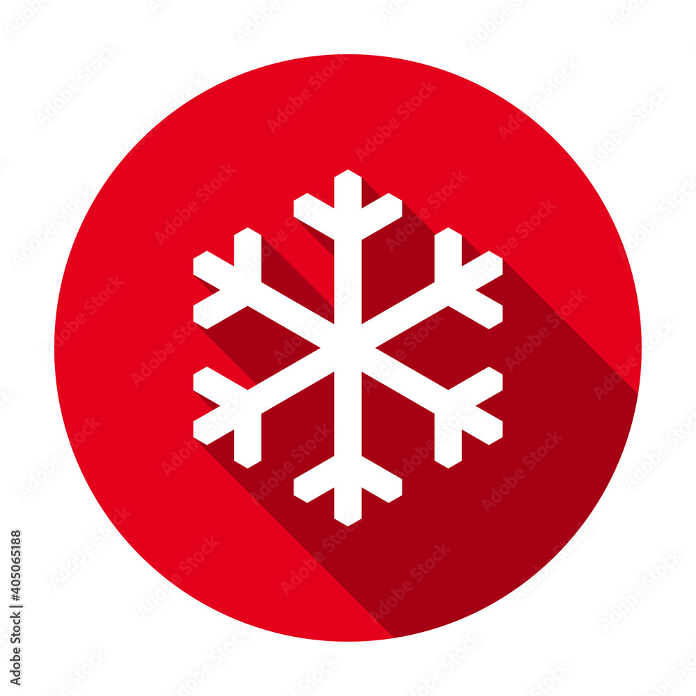 Poster Red flat round snowflake icon, button with long shadow isolated on a white background. Vector illustration.