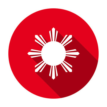 Red flat round eight-rayed sun of flag of the Republic of Philippines icon, button with long shadow isolated on a white background. Vector illustration.
