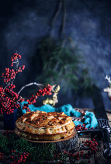 meat pie with different types of meat. Rustic style