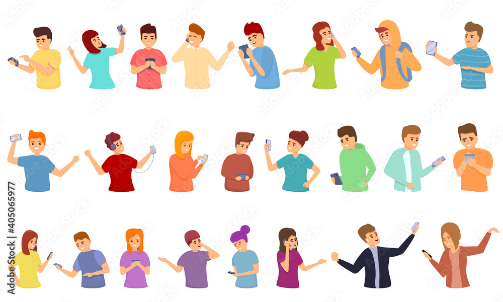Poster using smartphone icons set. cartoon set of using smartphone vector icons for web design