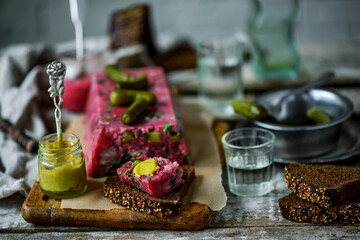 Pork, beetroot, and horseradish terrine.style rustic.