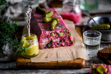 Pork, beetroot, and horseradish terrine.style rustic.