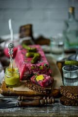 Pork, beetroot, and horseradish terrine.style rustic.