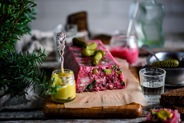 Pork, beetroot, and horseradish terrine.style rustic.