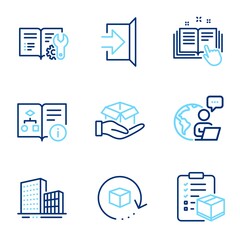 Industrial icons set. Included icon as Technical algorithm, Buildings, Engineering documentation signs. Hold box, Technical documentation, Return package symbols. Exit, Parcel checklist. Vector