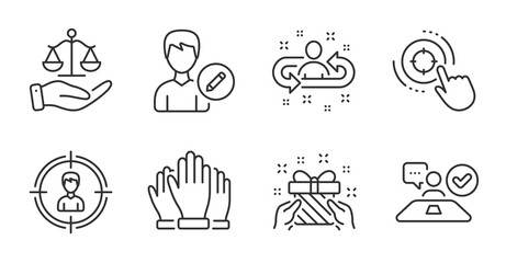 Fototapeta premium Edit person, Headhunting and Seo target line icons set. Gift, Job interview and Justice scales signs. Vote, Recruitment symbols. Change user info, Person in target, Click aim. People set. Vector