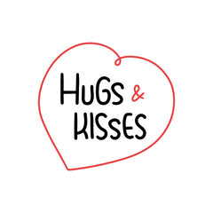 Hand drawn heart with with the word HUGS and KISSES. Vector illustration for your graphic design. Perfect for Valentine's Day postcards and decorations.