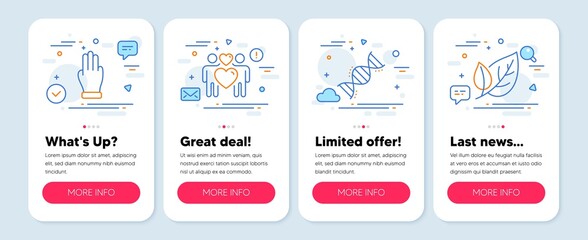 Set of Business icons, such as Chemistry dna, Love couple, Three fingers symbols. Mobile screen banners. Leaf line icons. Chemical formula, Lovers, Click palm. Ecology. Chemistry dna icons. Vector