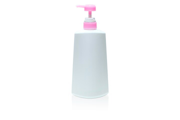 Pump bottle for liquid soap or shampoo..White plastic bottle body, pink Pressure head on white background isolate with clipping path.