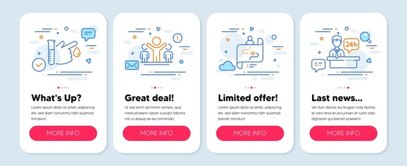 Set of People icons, such as Winner, Journey path, Blood donation symbols. Mobile screen app banners. Reception desk line icons. Best results, Project process, Medicine analyze. Hotel service. Vector