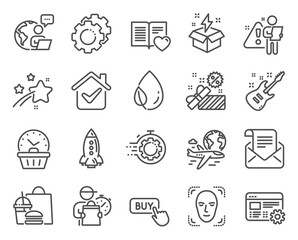Business icons set. Included icon as Web settings, Creative idea, Last minute signs. Settings gears, Mail newsletter, Face detection symbols. Electric guitar, Rocket, Buy button. Seo timer. Vector