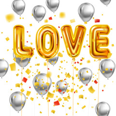 Love gold helium metallic glossy balloons realistic text, burst foil confetti ballon