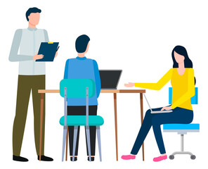 Conversation of people at work, appointment with colleagues. Boss standing near employees and talking about business strategy. Guy typing on laptop keyboard. Vector illustration in flat style