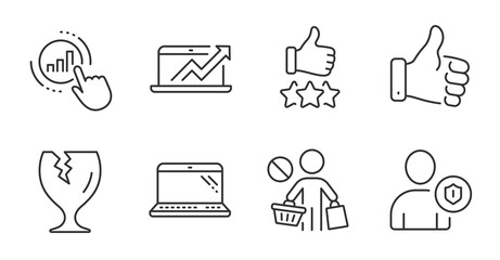 Security, Like hand and Laptop line icons set. Stop shopping, Graph chart and Sales diagram signs. Fragile package, Rating stars symbols. Person protection, Thumbs up, Computer. Business set. Vector