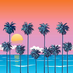 Sunset on the beach with palm trees, turquoise ocean and orange sky with clouds. Sun over the horizon. Tropical backdrop for a summer vacation. Surfing beach. EPS 10 vector illustration