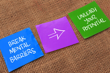 Break your mental barriers unleash potential, text words typography written on book against wooden background, life and business motivational inspirational