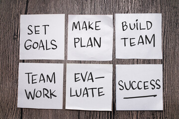 Business goals teamwork success diagram, text words typography written on paper against wooden background, life and business motivational inspirational