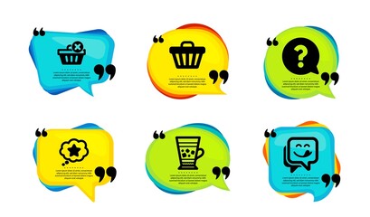 Shop cart, Loyalty star and Frappe icons simple set. Speech bubble with quotes. Question mark, Delete purchase and Yummy smile signs. Web buying, Bonus reward, Cold drink. Vector