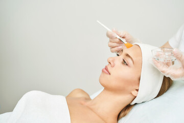 Portrait of moisturizing mask for medical design. Woman skin procedure. Natural cosmetic products....