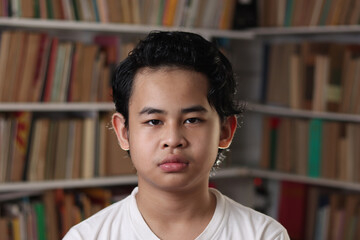 Portrait of Asian boy looking at camera, student in library