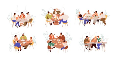 Set of families, friends and colleagues sitting at dining table and eating food together. People meeting at breakfast, lunch or dinner. Colorful flat vector illustration isolated on white background