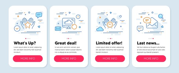 Set of Technology icons, such as Ranking, Recovery cloud, Safe time symbols. Mobile app mockup banners. New mail line icons. Hold star, Backup info, Management. Received e-mail. Ranking icons. Vector