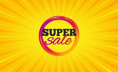 Super sale banner. Yellow background with offer message. Discount sticker shape. Coupon bubble icon. Best advertising coupon banner. Super sale badge shape. Abstract background. Vector