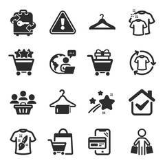 Set of Fashion icons, such as Cloakroom, Shopping rating, T-shirt design symbols. Clean t-shirt, Sale bags, Change clothes signs. Clean towel, Shopping trolley, Buyers. Buyer, Luggage. Vector