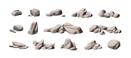 Set of large and small heavy polygonal stones. Collection of cobblestone piles. Compositions of natural solid rocks. Monochrome vector illustration of gray boulders isolated on white background © Good Studio