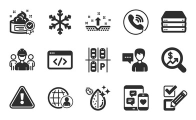 Clean skin, Seo script and Cream icons simple set. Call center, Parking place and Engineering team signs. Social media, Servers and Currency audit symbols. Flat icons set. Vector