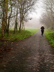 Athletic woman jogging on a small path in a park in the morning. Fog in the background, Vertical image. Selective focus. Physical activity and fitness concept