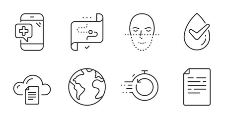 Face recognition, Fast recovery and Dermatologically tested line icons set. World planet, Target path and File storage signs. Document, Medical phone symbols. Quality line icons. Vector
