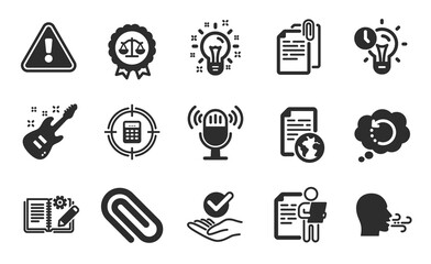 Calculator target, Microphone and Job interview icons simple set. Document attachment, Internet document and Paper clip signs. Flat icons set. Vector