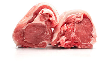 Fresh lamb loin chops on a white isolated background. Meat industry product.