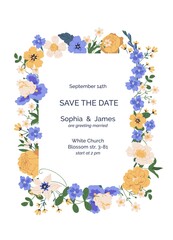Design of wedding invitation with frame of spring flowers. Floral template of vertical inviting card with blossomed buds and place for text. Color flat vector illustration isolated on white background