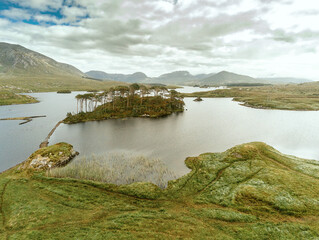 Aerial view on Twelve pine island in county Galway, Ireland, Warm sunny day. Toned. Nobody, Cloudy...