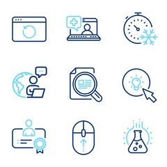 Science icons set. Included icon as Swipe up, Check article, Freezing timer signs. Chemistry lab, Certificate, Recovery internet symbols. Medical help, Energy line icons. Line icons set. Vector