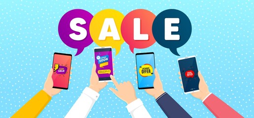 Flash sale, Coming soon and Last minute offer set. Banner with mobile phones in hands. Special offer sign. Sale sticker, discount bubble, flash banner. Promotional discount tag set. Vector
