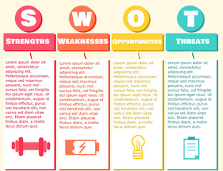 Design template for infographics.Layout for business.Four diagrams, steps, options, stages and parts.Presentation concept.Business icons.SWOT analysis.
