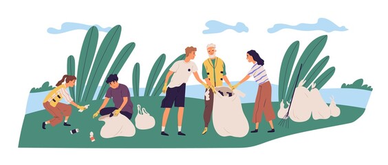 People cleaning shore by collecting garbage into trash bags. Family of eco volunteers working together and picking plastic litter. Parents and children care about nature. Flat vector illustration