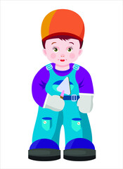 Young boy in the form of a builder with a tool. Vector image on a white background.