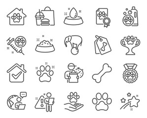 Animals icons set. Included icon as Dog paw, Pets care, Dog feeding signs. Pet tags, Pet shampoo, Water bowl symbols. Winner cup, Elephant on ball line icons. Pets, Shelter. Line icons set. Vector