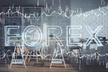 Obraz premium Double exposure of financial graph drawing and office interior background. Concept of stock market.